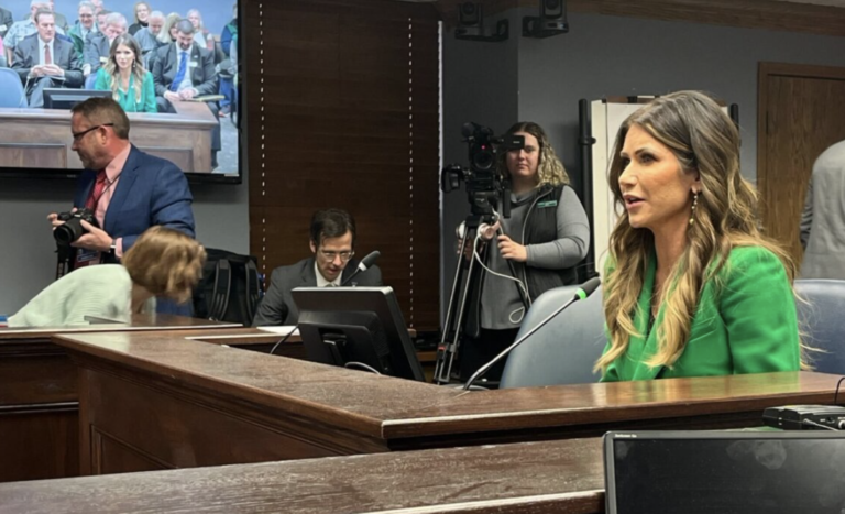 Image of Gov. Kristi Noem testifying in favor of her proposal to cut the state sales tax on food.