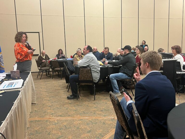 Jennifer Slaight-Hansen of Aberdeen addresses the South Dakota Democratic Party State Central Committee Saturday in Oacoma. Photo by Austin Goss, Dakota News Now