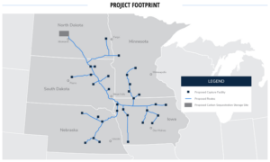 A map of the proposed route of the Summit Carbon Solutions carbon dioxide pipeline.