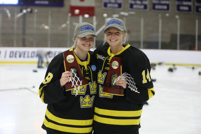 Hailey Holland, left, and her sister Kaitlyn Holland were part of the Gustavus Adolphus hockey team that won the 2023 NCAA Division III hockey tournament on Sunday, March 18. Photo courtesy of Gustavus Adolphus College