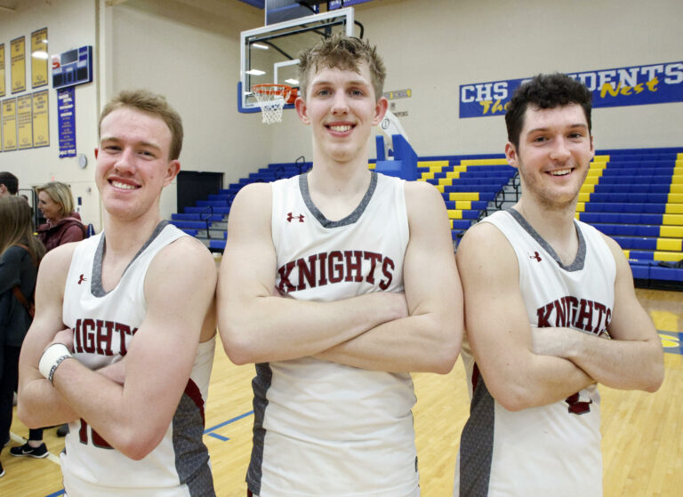 Aberdeen Christian boys basketball players, from left, Malek Wieker, Ethan Russell and Jackson Isakson have all scored 1,000 career points. Photo by John Davis