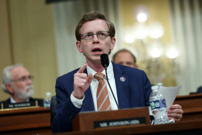 U.S. Rep. Dusty Johnson, R-SD, questions witnesses in a hearing of the House Select Committee on Strategic Competition between the United States and the Chinese Communist Party, in the Cannon House Office Building on February 28, 2023 in Washington, DC. The committee is investigating economic, technological and security competition between the U.S. and China. Photo by Kevin Dietsch/Getty Images