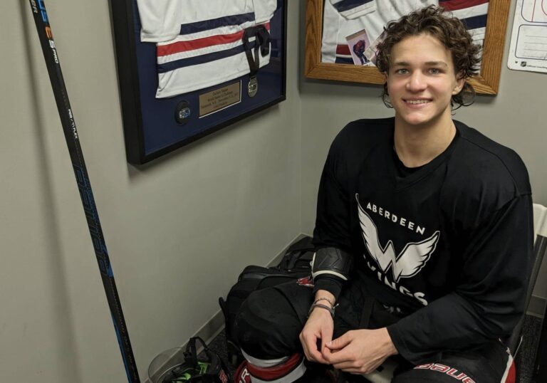 Nikolai Tishkevich poses for a photo after the Aberdeen Wings finished practice on Tuesday, April 11. Aberdeen insider photo by Scott Waltman