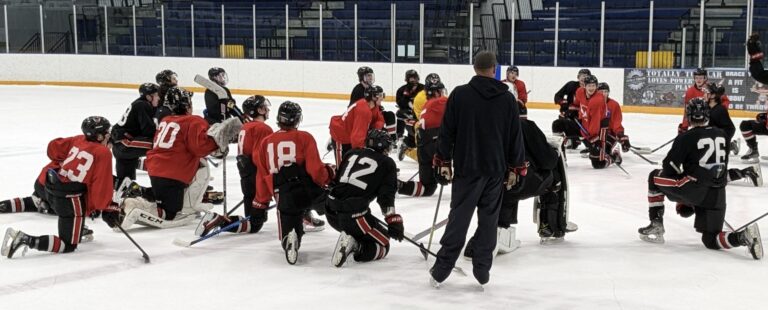 The Aberdeen Wings gather as they wrap up practice on Tuesday, April 11. Aberdeen Insider photo by Scott Waltman