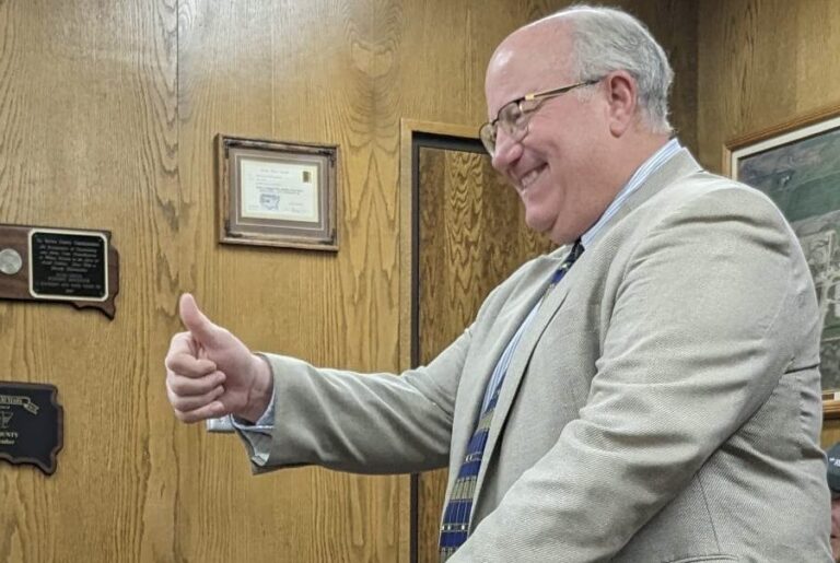 Retired judge Mark Anderson will serve as deputy state's attorney for Brown County until Karly Winter can begin later this year. Anderson gave commissioners a thumbs-up as they welcomed him during their meeting on Tuesday, May 9. Aberdeen Insider photo by Scott Waltman