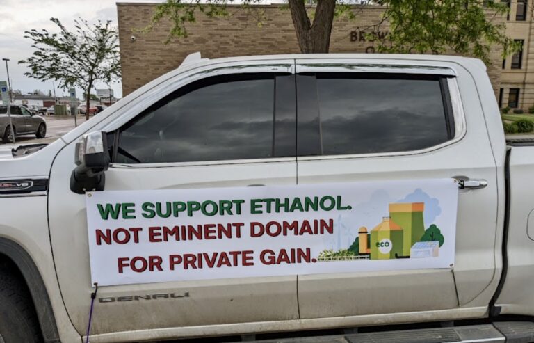 This pickup was parked in front of the Brown County Courthouse during a civil hearing on Wednesday, May 31 involving Summit Carbon Solutions. Aberdeen Insider photo by Scott Waltman