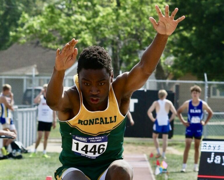 Roncalli's Jayden Munroe won both the Class A boys long jump and triple jump at the state track meet in Sioux Falls over the weekend. Photo courtesy of South Dakota Public Broadcasting