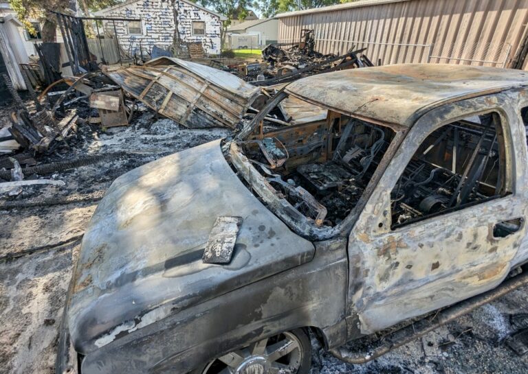 A garage and a pickup were destroyed in a fire the morning of Saturday. July 1 near the Second Street overpass in Aberdeen. Aberdeen Insider photo by Scott Waltman