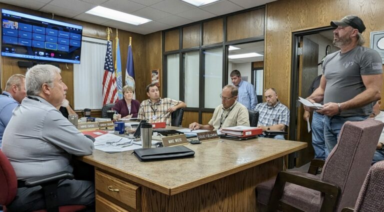 Jared Bossly visits with Brown County commissioners on Tuesday, July 18 about his concerns with carbon sequestration pipelines. Aberdeen Insider photo by Scott Waltman