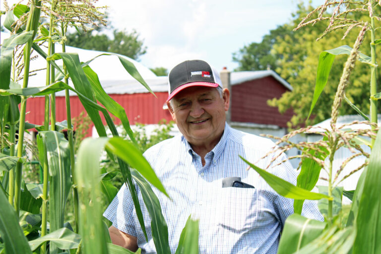 Ron Neugebauer stands in a patch of sweet corn in his garden west of Dimock. South Dakota News Watch photo by Abbey Stegeng
