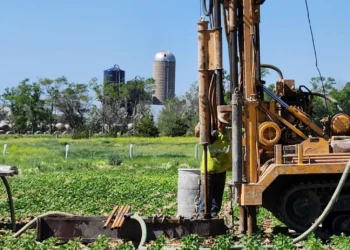 A Summit Carbon Solutions survey crew works Jared Bossly’s land in Brown County in spring 2023. Photo courtesy of Jared Bossly.