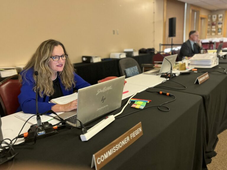 ublic Utilities Commissioner Kristie Fiegen participates in a hearing July 25, 2023, in Fort Pierre on a permit application for the proposed Heartland Greenway carbon dioxide pipeline. South Dakota Searchlight photo by Joshua Haiar