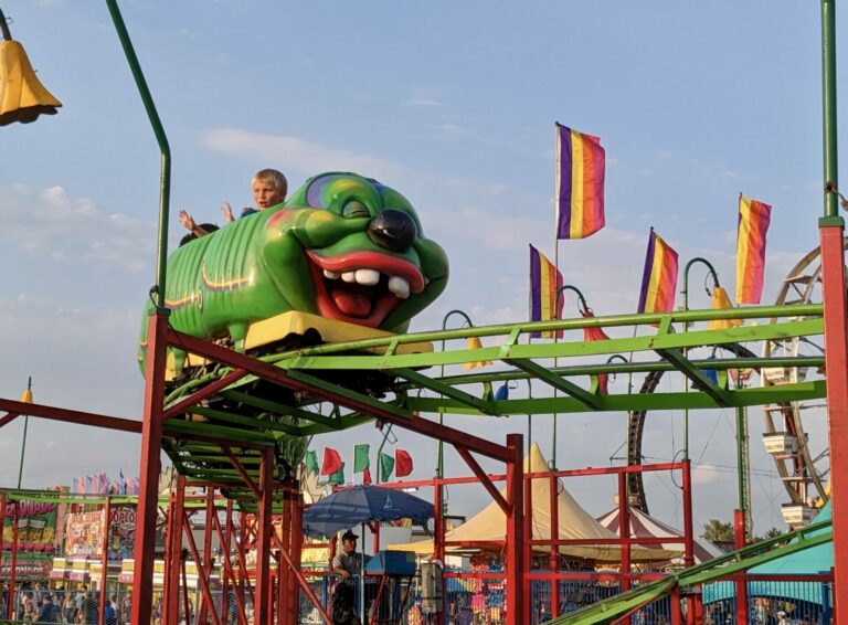 Kids enjoy a ride on a small roller coaster Wednesday night at the 2023 Brown County Fair. Aberdeen Insider photo by Scott Waltman