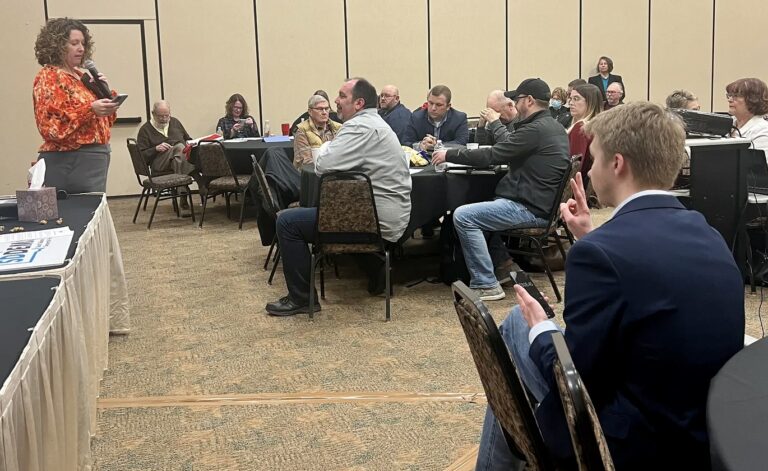 Jennifer Slaight-Hansen of Aberdeen addresses the South Dakota Democratic Party State Central Committee in Oacoma earlier this year. Dakota Scout photo by Austin Goss