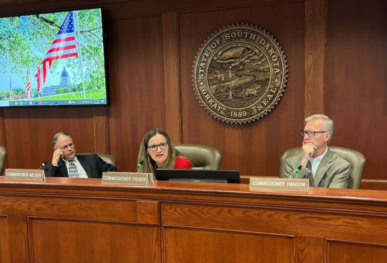 South Dakota Public Utilities Commissioners, from left, Chris Nelson, Kristie Fiegen and Gary Hanson participate in a meeting Sept. 6, 2023, at the Capitol in Pierre. South Dakota Searchlight photo by Joshua Haiar