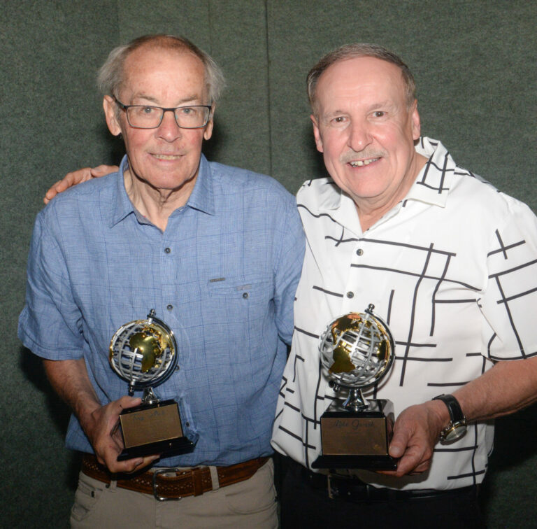 Tony Abele of Dewangen, Germany, left, and Webster Mayor Mike Grosek during the 20th anniversary of a friendship partnership between the towns in Dewangen in July. Photo courtesy of Webster Reporter & Farmer