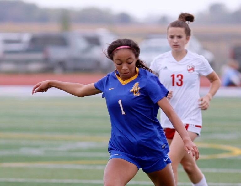Aberdeen Central senior soccer player Deshani Peters settles the ball before taking a shot against Yankton. Courtesy photo