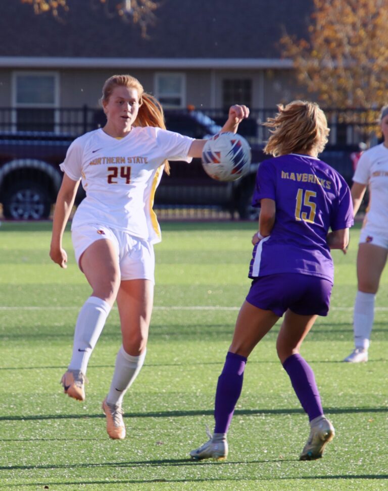Northern State's Megan Fastenau and Minnesota State's Kiera Laney battle for control of the ball during a 2023 soccer match. Aberdeen Insider file photo by Robb Garofalo.