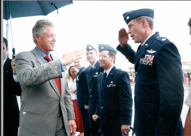 Rod Zastrow salutes then-President Bill Clinton at the G8 Summit in Okinawa, Japan, in 2000. Photo courtesy of Rod Zastrow