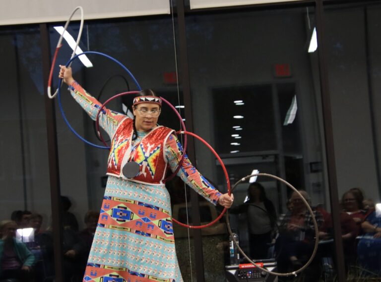 Starr Chief Eagle showcased a variety of hoop dance movements before performance Thursday, Oct. 12 at the K.O. Lee Aberdeen Public Library. Aberdeen Insider photo by Elisa Sand