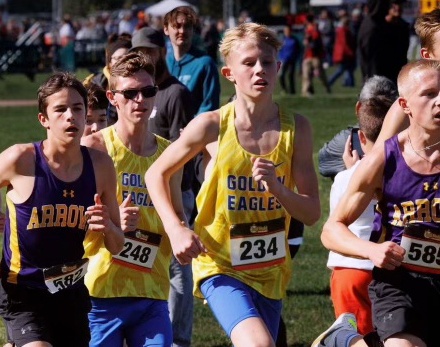Aberdeen Central's Tate DeVires, center, competes during in cross-country meet earlier this season. Courtesy photo