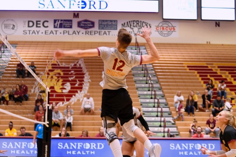 Northern State junior outside hitter Natalia Szybinska attempts an attack during a recent home volleyball match. Photo courtesy of Northern State