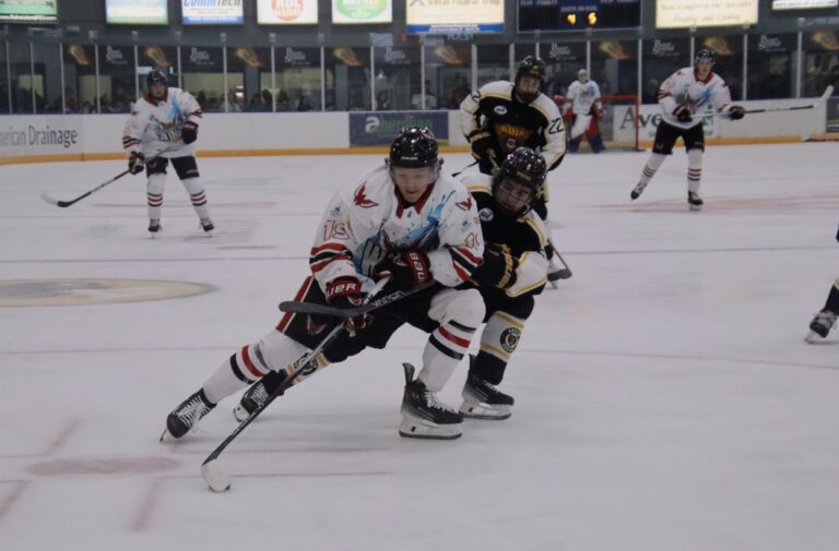 Aberdeen Wings forward Grant Kohnen skates past Austin Bruins defenseman Justin Novak during the first period of their game Saturday, Oct. 14 at the Odde Ice Center. Aberdeen Insider photo by Robb Garofalo