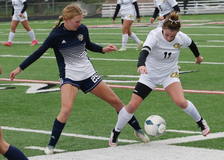 Groton Area's Jerica Locke, right, battles Tea Area's Sage Hoffman for the ball during the first half of the girls Class A soccer championship. Photo courtesy of South Dakota Public Broadcasting