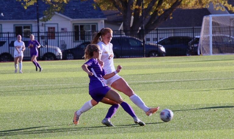 Northern State's Megan Fastenau challenges Minnesota State's Kiera Laney for the ball during the fist half of their game at the NSU athletic and recreation fields on Friday, Oct. 20. Aberdeen Insider photo by Robb Garofalo