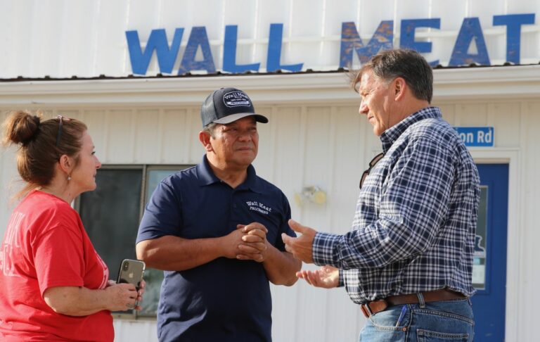 U.S. Sen. Mike Rounds, at right, met with Wall Meat Processing co-owners Janet Niehaus and Ken Charfauros during a recent visit to the plant. Rounds supports expansion of regional meat packing plants in the state. Photo courtesy of Sen. Mike Rounds
