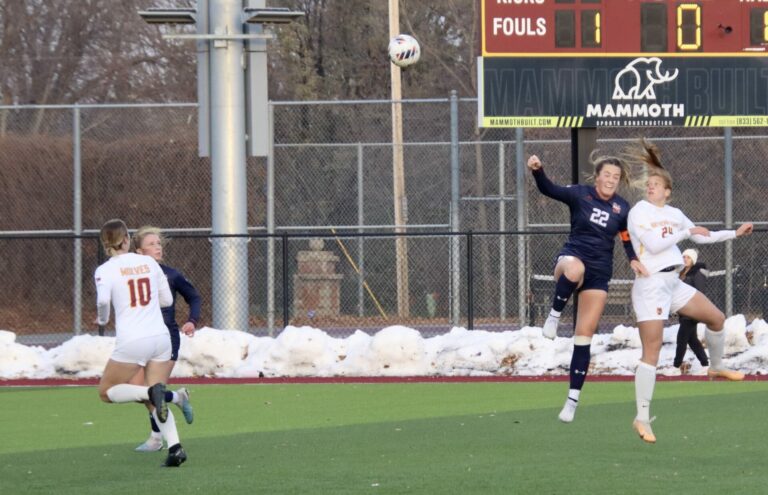 Northern State's Megan Fastenau and the University of Mary's Elie Olsen watch a header during a game on Thursday, Nov. 2 at the Northern athletic and recreation fields. Aberdeen Insider photo by Scott Waltman