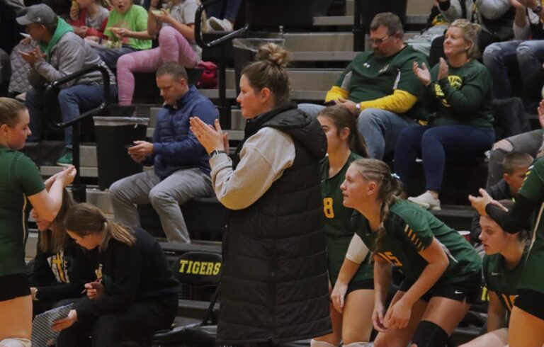Aberdeen Roncalli head volleyball coach Mandy Smid looks on during the Cavaliers Region 1A match against Milbank at Groton High School. Smid has resigned as head coach of the Cavaliers. Aberdeen Insider photo by Robb Garofalo