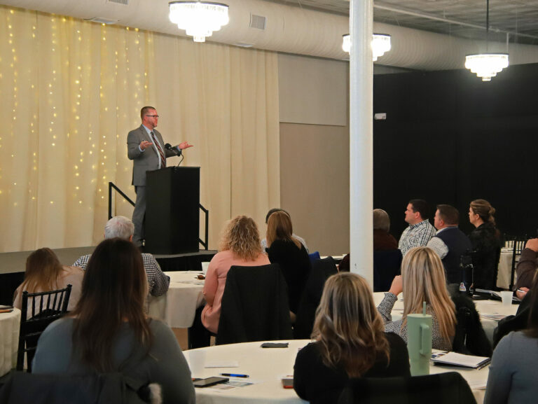 Mike Bockorny discusses the Aberdeen Development Corp. focus areas at the organization's report to the community on Thursday, Nov. 30 at the Engels Event Co. downtown. Aberdeen Insider photo by Symmone Gauer