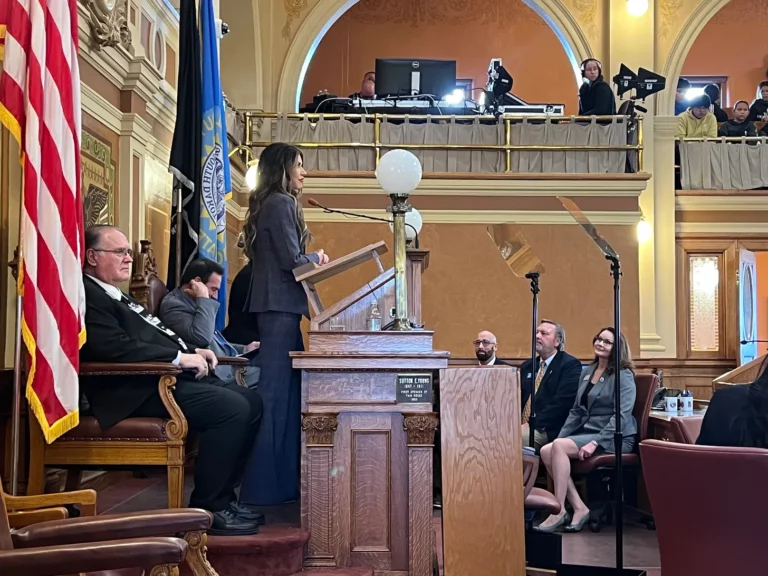South Dakota Gov. Kristi Noem gives her budget address for fiscal year 2025 to the South Dakota Legislature at the Capitol in Pierre on Tuesday, Dec. 5. Dakota Scout photo by Austin Goss