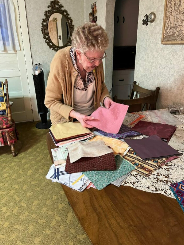 Elda Stange, 100, is in a quilters club at her church, which donates the quilts to the Orphan Grain Train for those in need. Photo courtesy of Sandy Dresbach