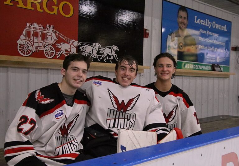 Aberdeen Wings players Leonid Bulgakov, left, Adam Dybal and Nikolai Tishkevich chill on the bench following the Wings 5-2 win over Austin Friday, Dec. 15 in the Odde Ice Center. Aberdeen Insider photo by Robb Garofalo