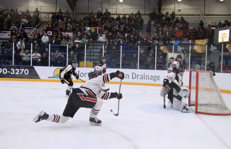 Aberdeen Wings forward Isak Homlstrom shoots and scores a second-period goal Saturday, Dec. 16 against the Austin Bruins at the Odde Ice Center. Aberdeen Insider photo by Robb Garofalo