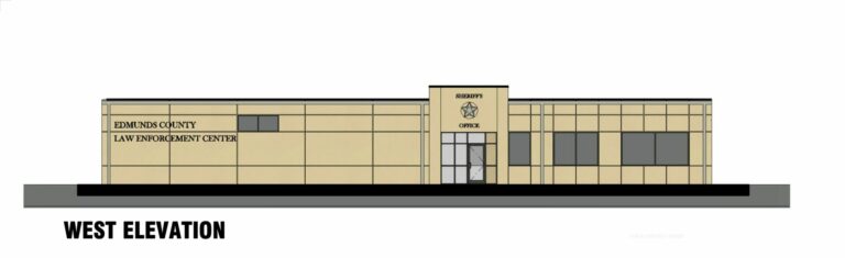 A mockup of the proposed Edmunds County jail's west side. Rendering courtesy of HMN Architects