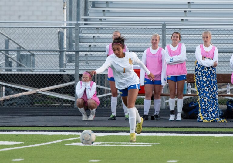 Aberdeen Central's Deshani Peters lines up a direct kick during the Class AA semifinals Tuesday, Oct. 30 2023 in Mitchell. Aberdeen Insider photo by Troy McQuillen.