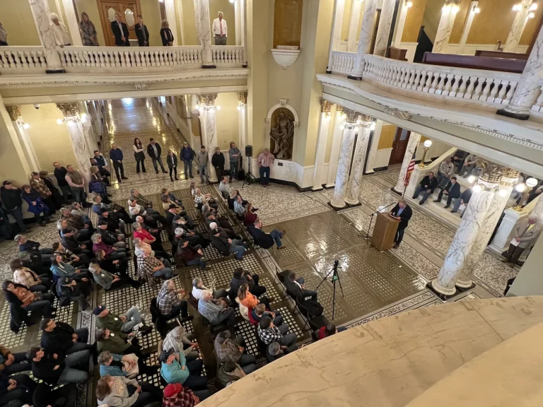 A crowd gathers in the state capitol rotunda for a landowner’s rights rally ahead of the state legislative session. Dakota Scout photo by Austin Goss