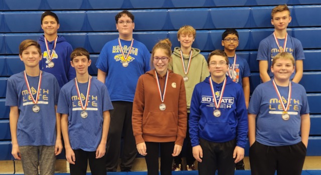 Mathcounts countdown award winners at the Jan. 10 contest at Simmons Middle School were, back row, from left, Lincoln Buisker, Warner, sixth place; Alex Ricci, Holgate, seventh place; Noah Schuster, Britton/Hecla, eighth place; Lokith Gundewar, Aberdeen Christian, ninth place; Evan Smith, Holgate, tenth place, front row, Levi Edwards, Holgate, first place; Mitchell Golz, Holgate, second place; Iley Ryckman, Warner, third place; Madden Buisker, Warner, fourth place; and Cohwen Heimann, Holgate, fifth place. Courtesy photo 