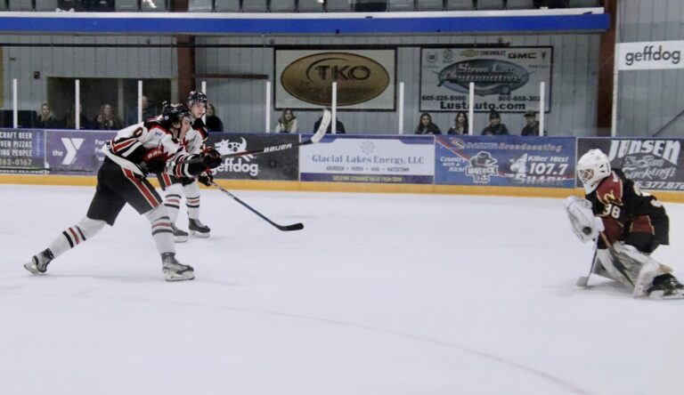 Aberdeen Wings forward Simon Pollock fires a shot on Minot goaltender Lukas Swedin during the third period of their game Saturday, Jan 20 in the Odde Ice Center. Aberdeen Insider photo by Robb Garofalo