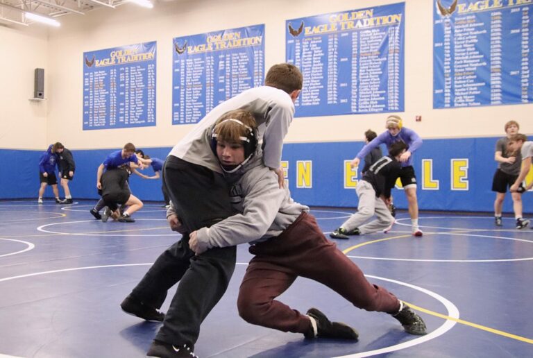 Aberdeen Central wrestler Rayden Zens, right, practices for the upcoming Lee Wolf Invitational scheduled for Saturday, Jan. 27 inside Golden Eagles Arena. Aberdeen Insider photo by Robb Garofalo