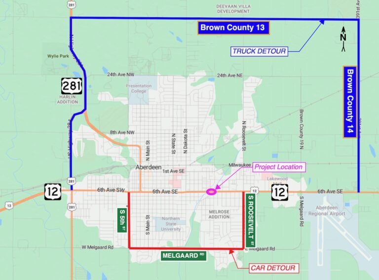 Truck and car traffic detours are planned for a proposed bridge replacement project on Sixth Avenue Southeast in 2026. Map courtesy of South Dakota Department of Transportation