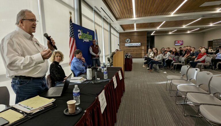 Rep. Carl Perry, R-Aberdeen, speaks to the audience during the Saturday, Feb. 10 legislative coffee in the Kessler's Champions Room on the campus of Northern State University. Aberdeen Insider photo by Scott Waltman