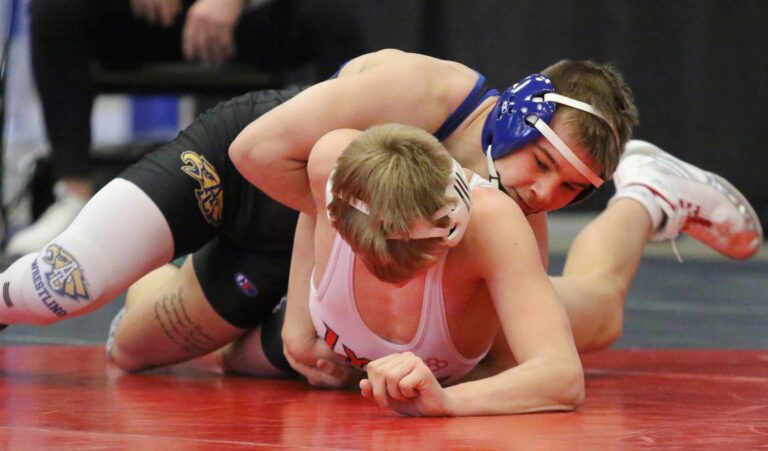 Aberdeen Central's Rayden Zens battles Brandon Valley's Braeden Shoemaker during their dual at the 2023 Class A team championships Saturday, Feb. 10 in Brookings. Photo Courtesy South Dakota Public Broadcasting