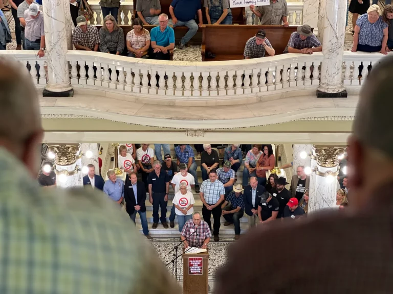 Landowners and other carbon pipeline opponents rally in the state Capitol last year. Photo courtesy of Charlie Poppen