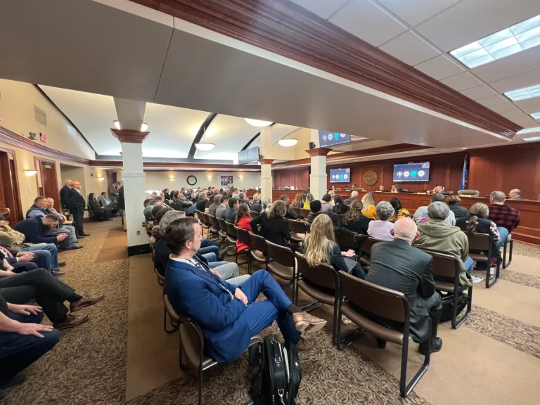 Legislators debate Senate Bill 201 in crowded committee room at the state Capitol in Pierre on Thursday, Feb. 15. Dakota Scout photo by Austin Goss