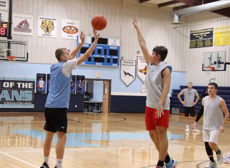 Leola/Frederick's Noah Kippley takes jump shot over Zander Hoffman during practice in the Frederick gym on Thursday, Feb. 15. Aberdeen Insider photo by Robb Garofalo