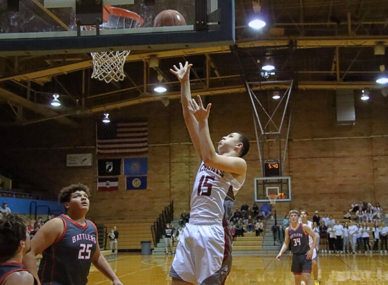 Aberdeen Christian's Brooks Jett scores on a layup during the fourth quarter against Potter County Friday, Feb. 16 inside the Civic Arena. Aberdeen Insider photo by Robb Garofalo